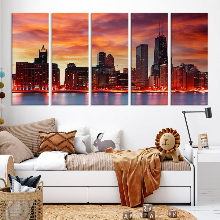 Chicago Sunset Skyline Photo Cityscape Framed Wall Art Canvas Print