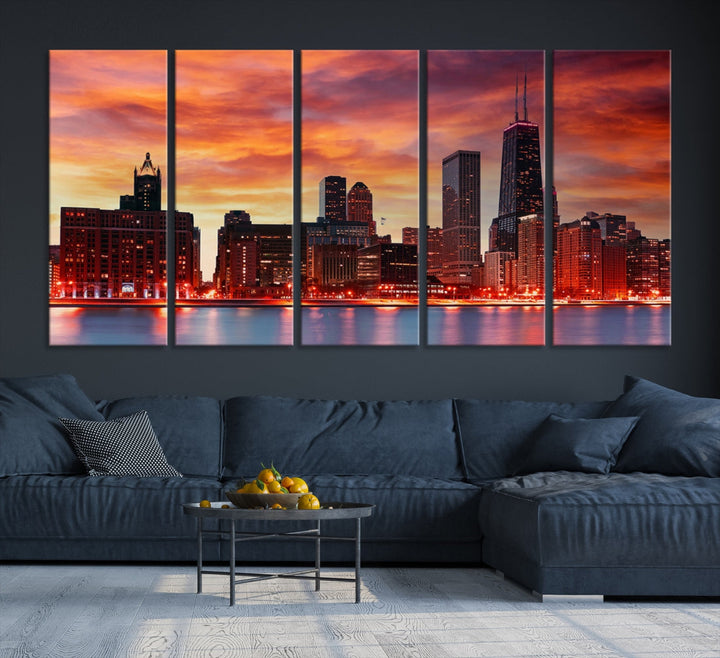 Chicago Sunset Skyline Photo Cityscape Framed Wall Art Canvas Print