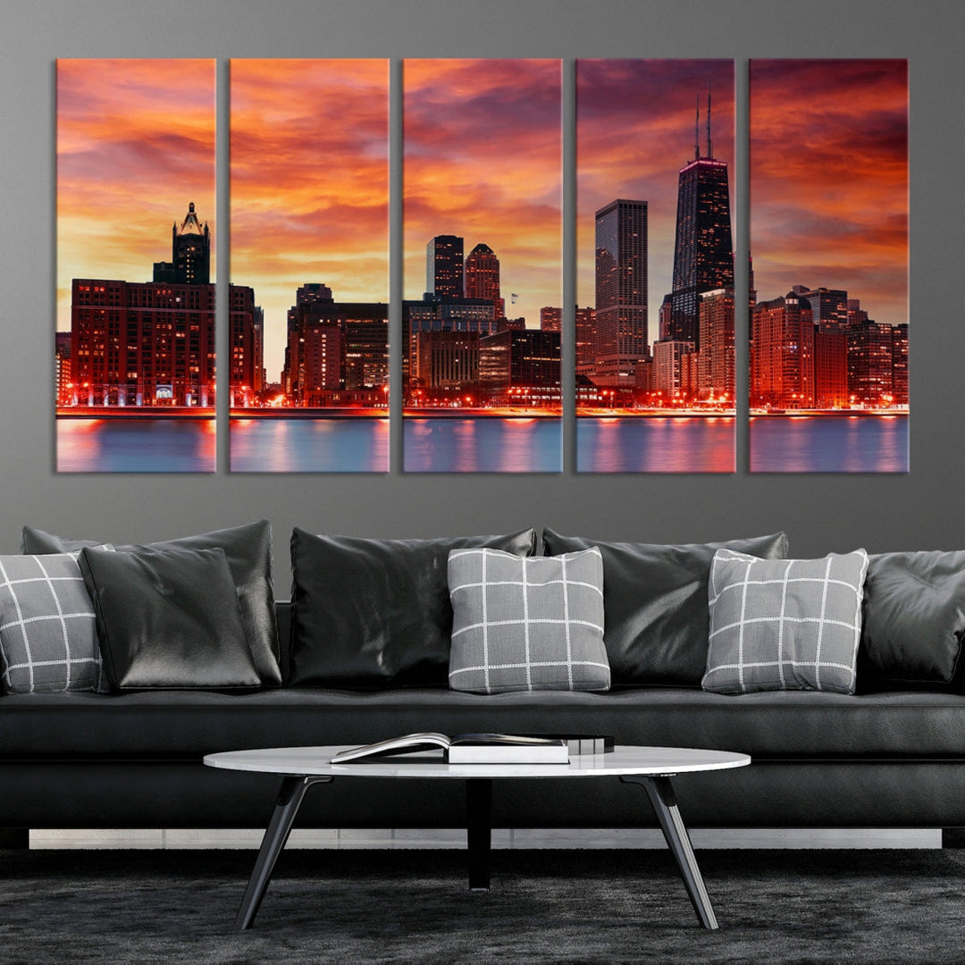 Chicago Sunset Skyline Photo Cityscape Framed Wall Art Canvas Print