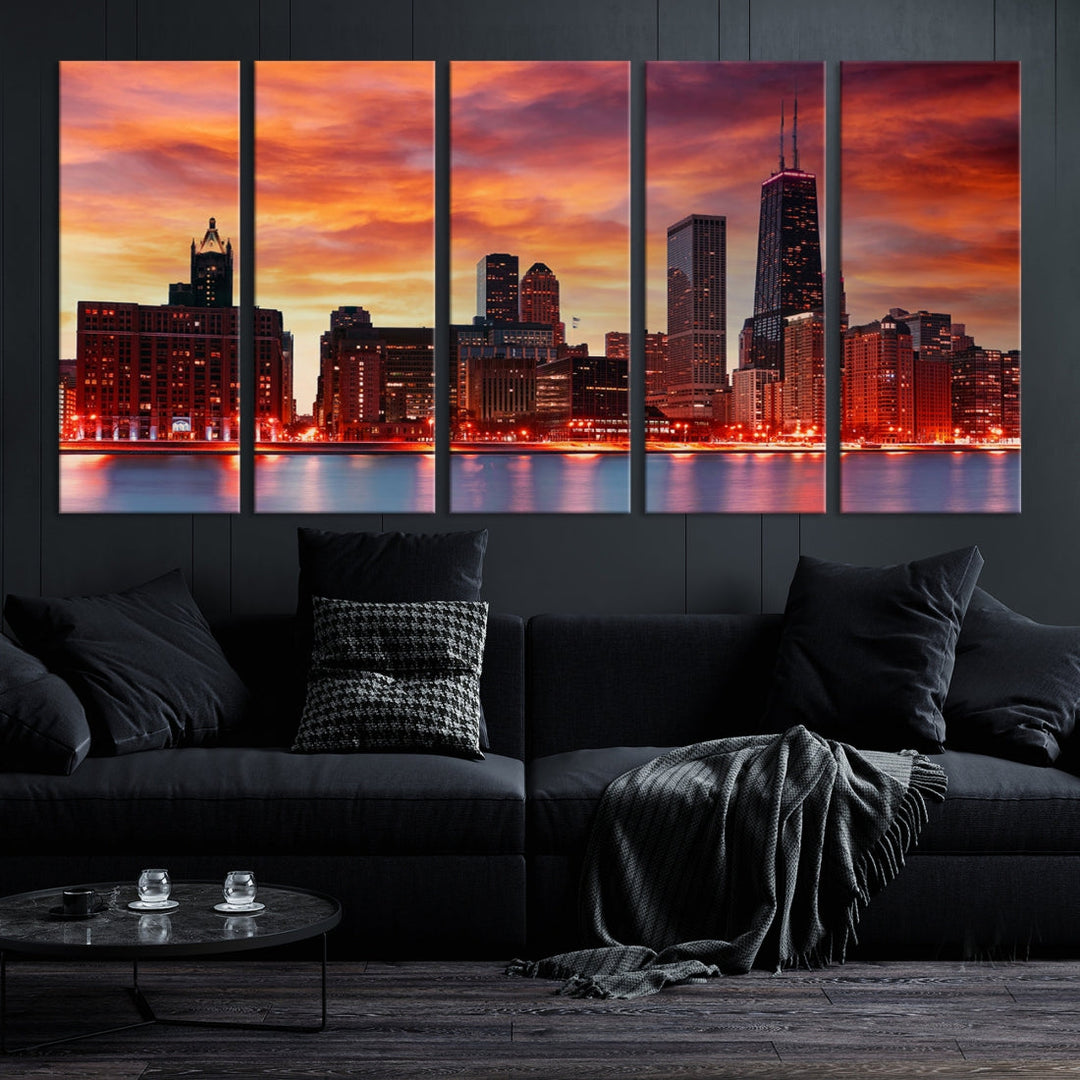 Chicago Sunset Skyline Photo Cityscape Framed Wall Art Canvas Print