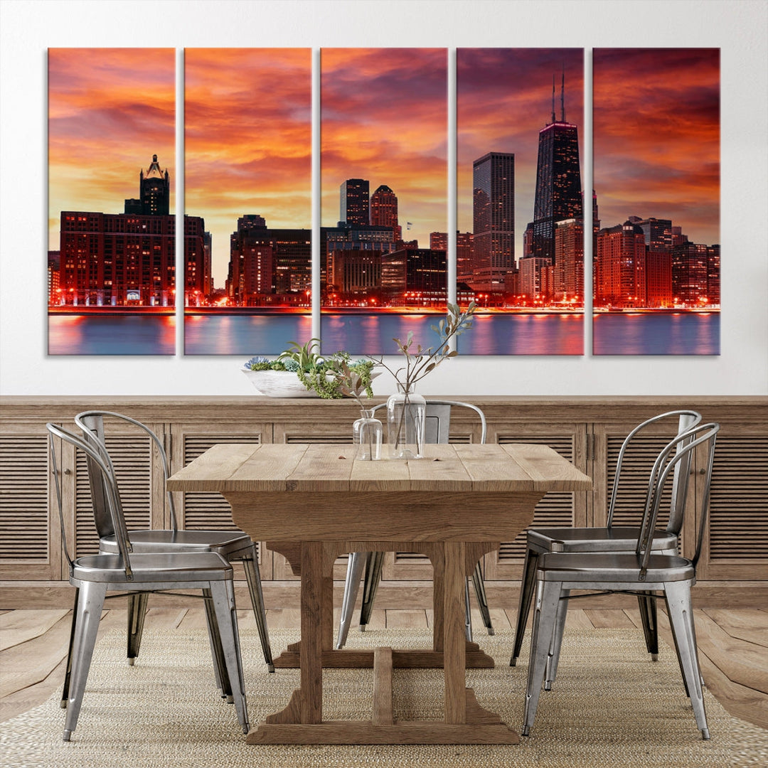 Chicago Sunset Skyline Photo Cityscape Framed Wall Art Canvas Print