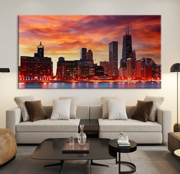 Chicago Sunset Skyline Photo Cityscape Framed Wall Art Canvas Print