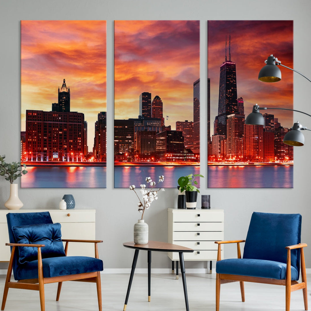 Chicago Sunset Skyline Photo Cityscape Framed Wall Art Canvas Print