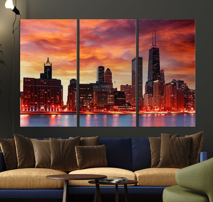 Chicago Sunset Skyline Photo Cityscape Framed Wall Art Canvas Print