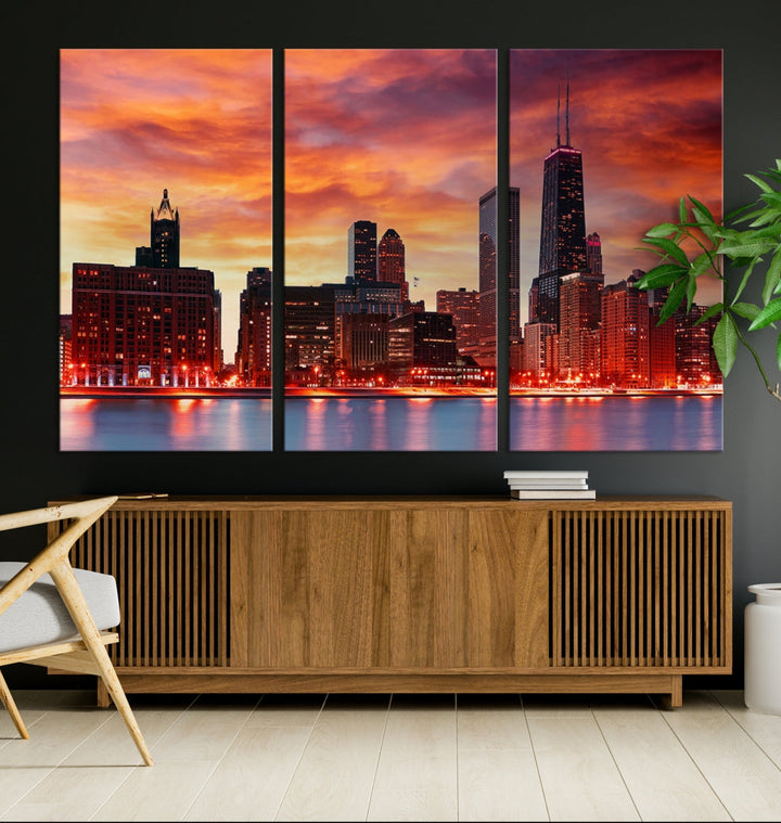 Chicago Sunset Skyline Photo Cityscape Framed Wall Art Canvas Print