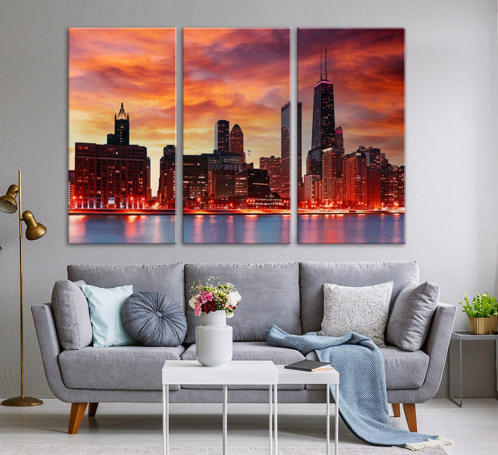 Chicago Sunset Skyline Photo Cityscape Framed Wall Art Canvas Print