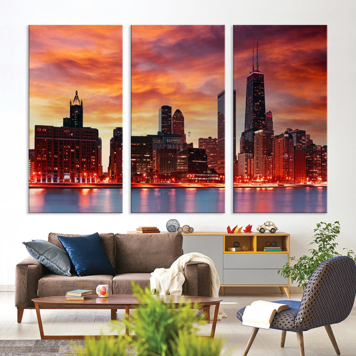 Chicago Sunset Skyline Photo Cityscape Framed Wall Art Canvas Print