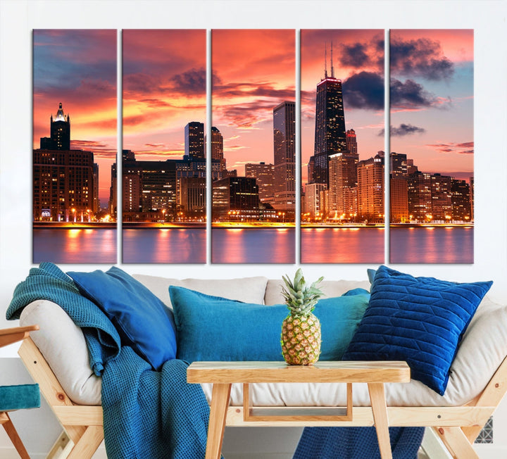 Chicago Sunset Skyline Wall Art Cityscape Canvas Picture Print