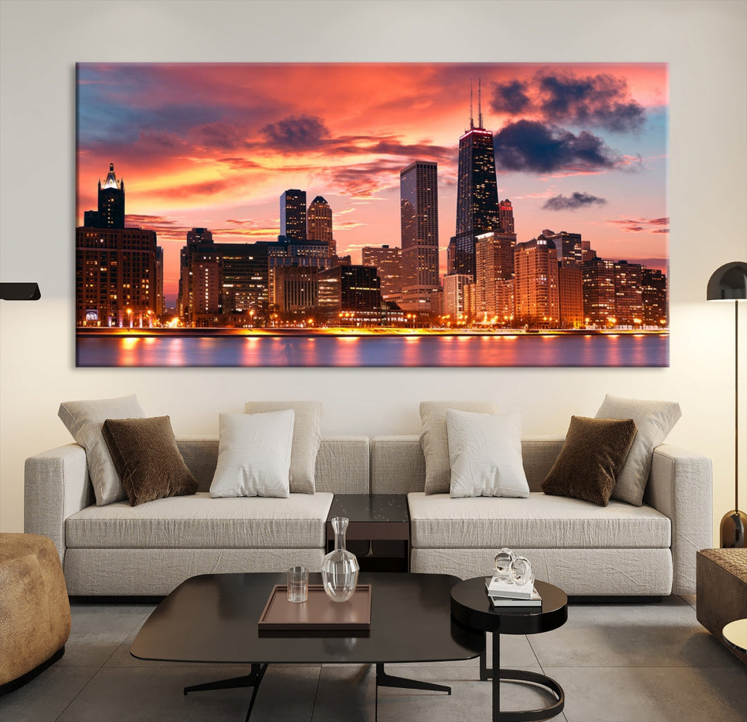 Chicago Sunset Skyline Wall Art Cityscape Canvas Picture Print