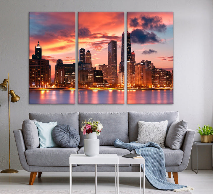 Chicago Sunset Skyline Wall Art Cityscape Canvas Picture Print