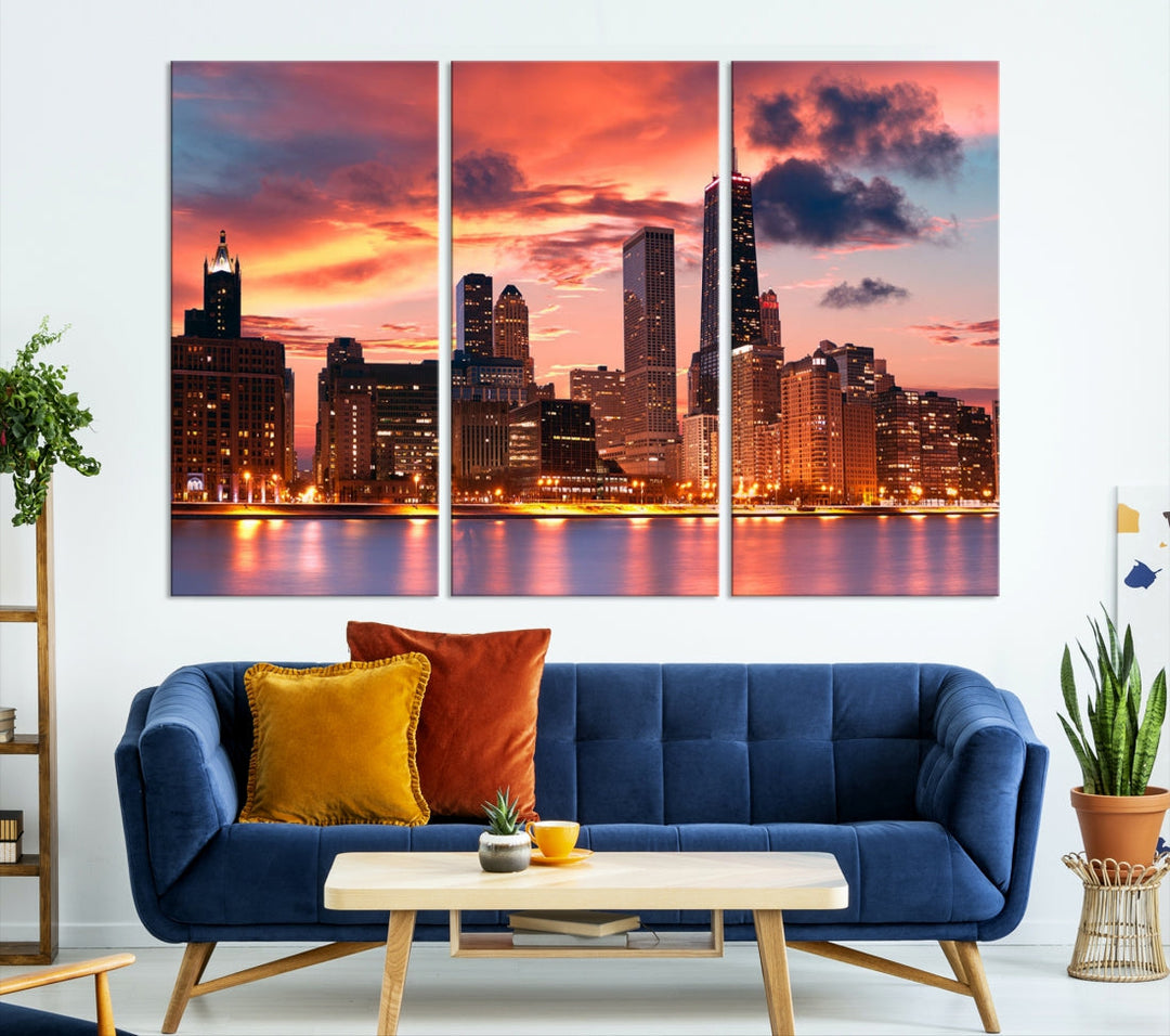 Chicago Sunset Skyline Wall Art Cityscape Canvas Picture Print