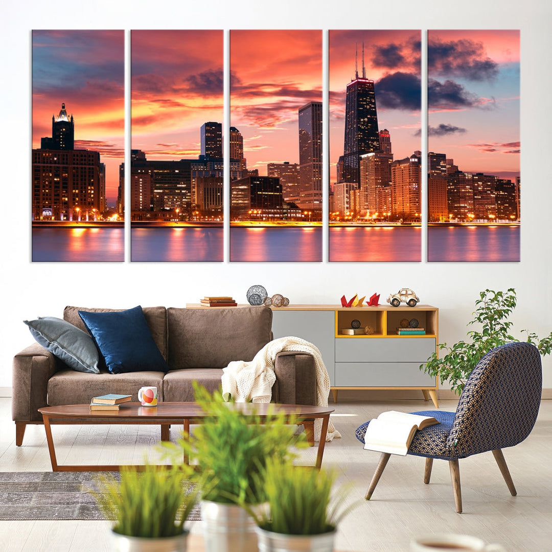 Chicago Sunset Skyline Wall Art Cityscape Canvas Picture Print