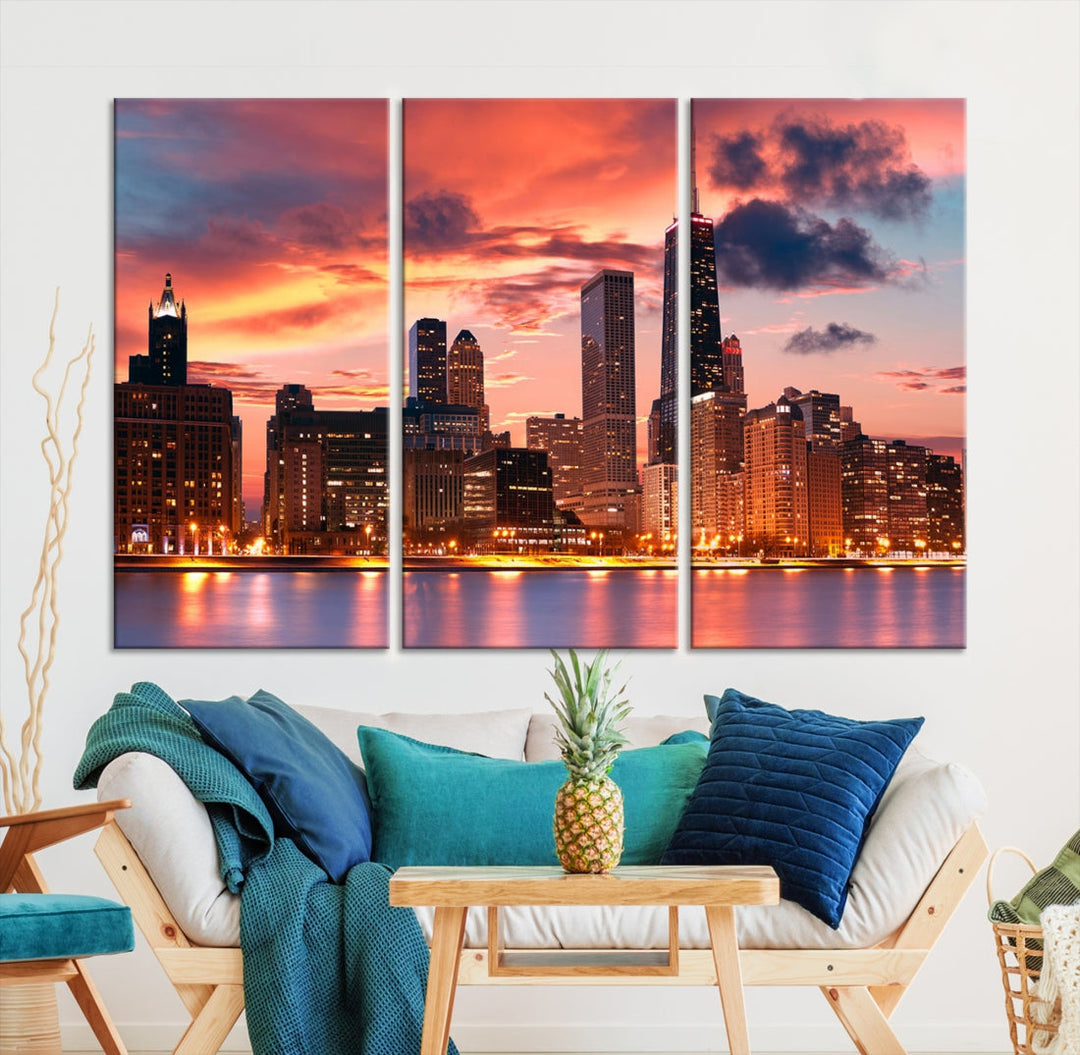 Chicago Sunset Skyline Wall Art Cityscape Canvas Picture Print