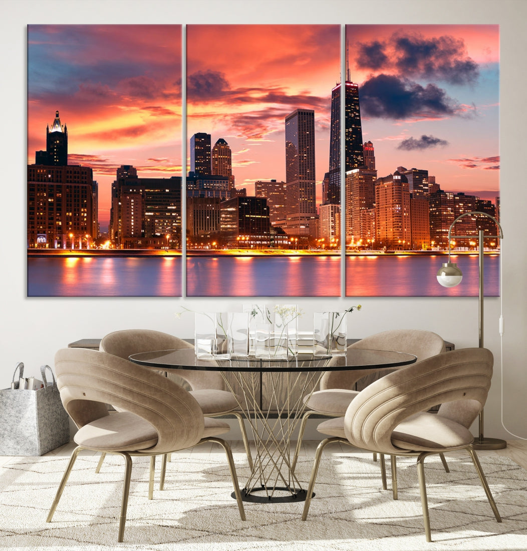 Chicago Sunset Skyline Wall Art Cityscape Canvas Picture Print