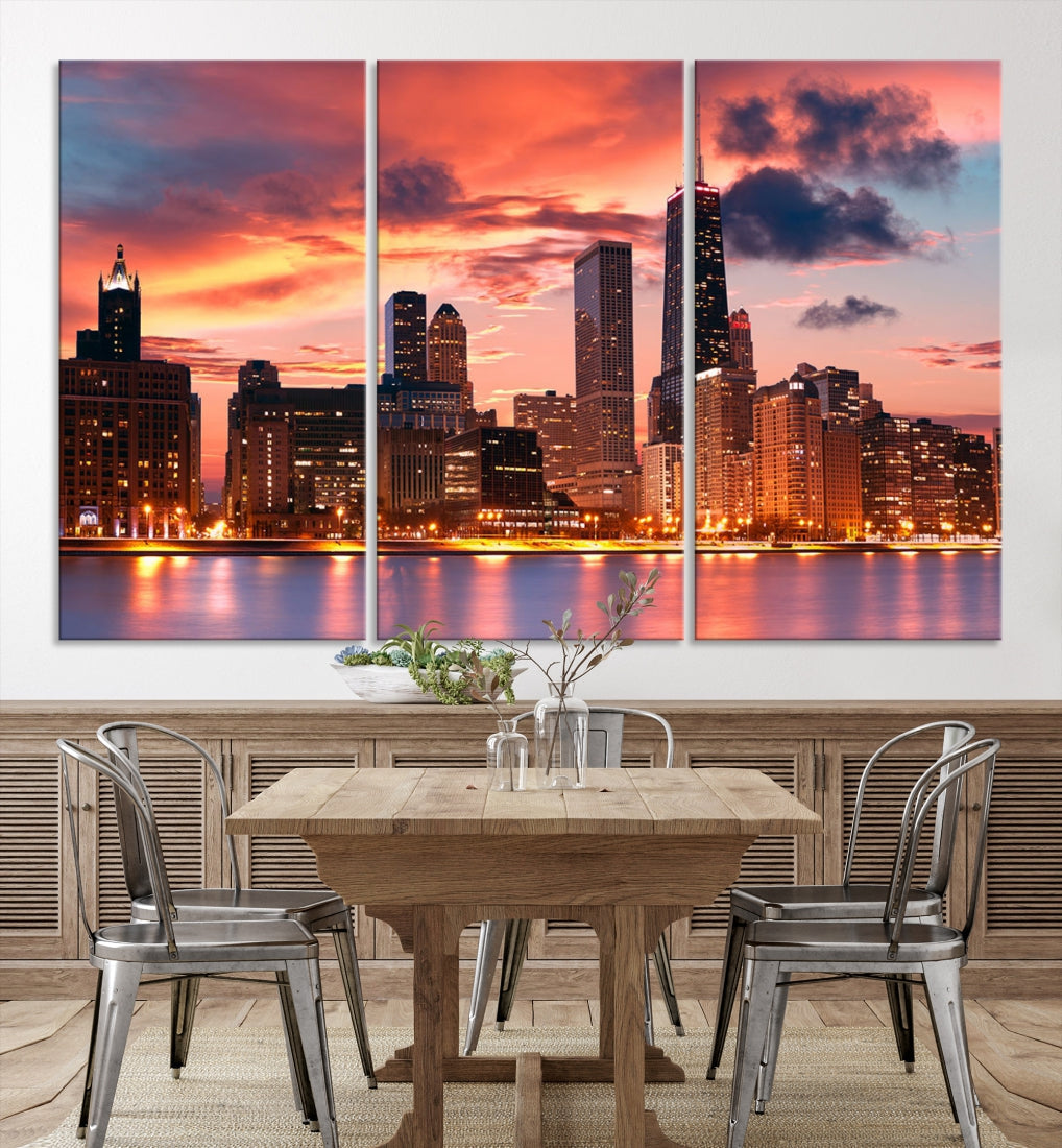 Chicago Sunset Skyline Wall Art Cityscape Canvas Picture Print