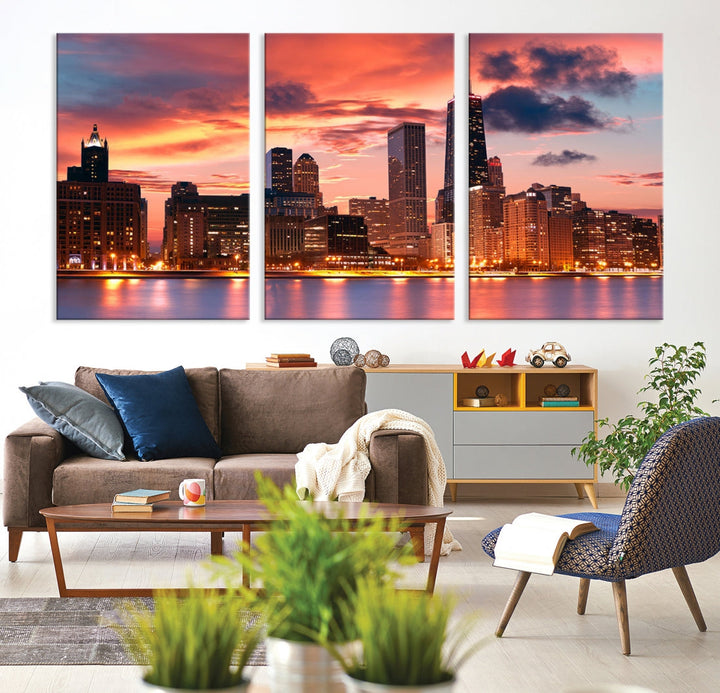 Chicago Sunset Skyline Wall Art Cityscape Canvas Picture Print