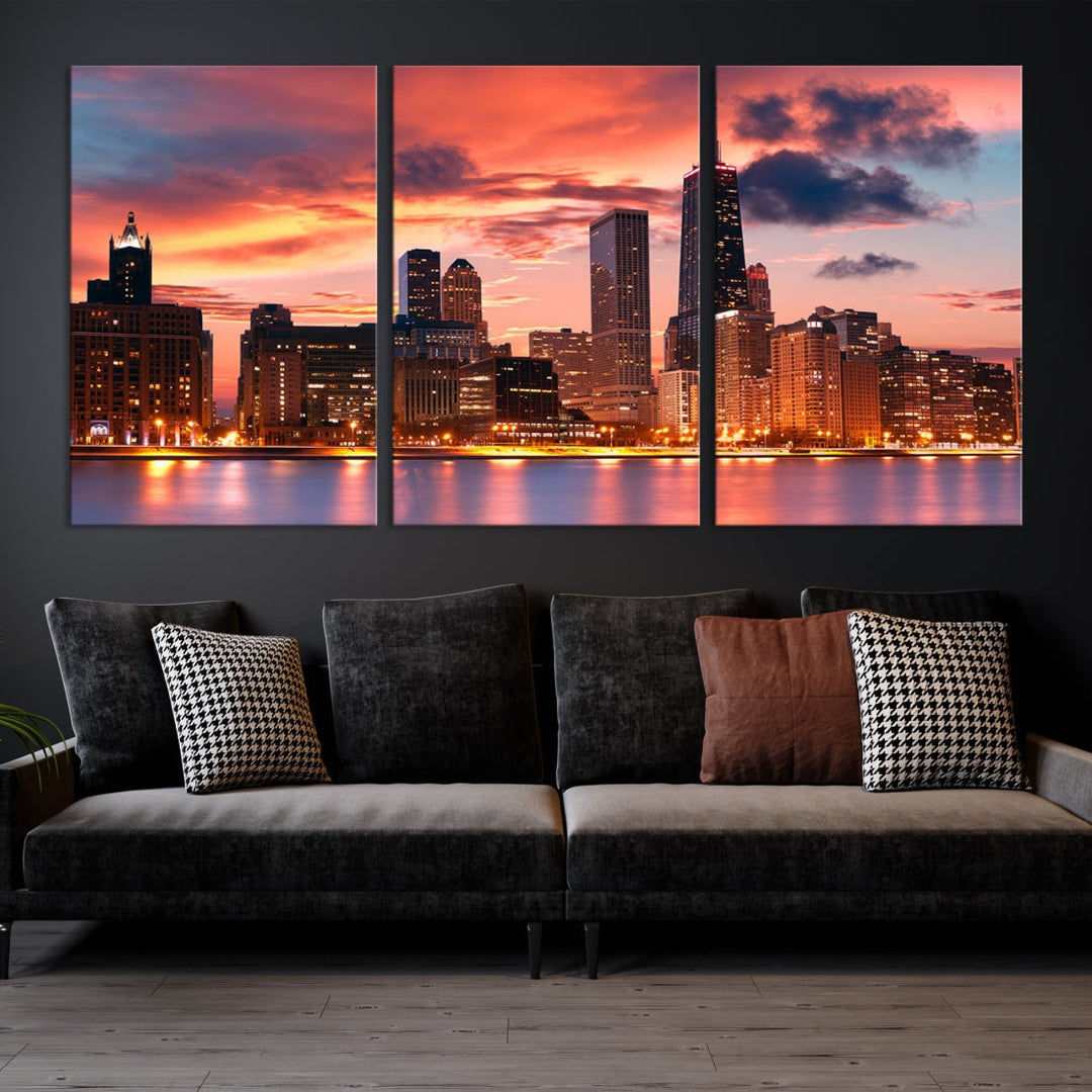 Chicago Sunset Skyline Wall Art Cityscape Canvas Picture Print