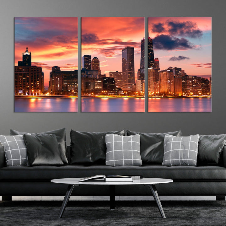 Chicago Sunset Skyline Wall Art Cityscape Canvas Picture Print