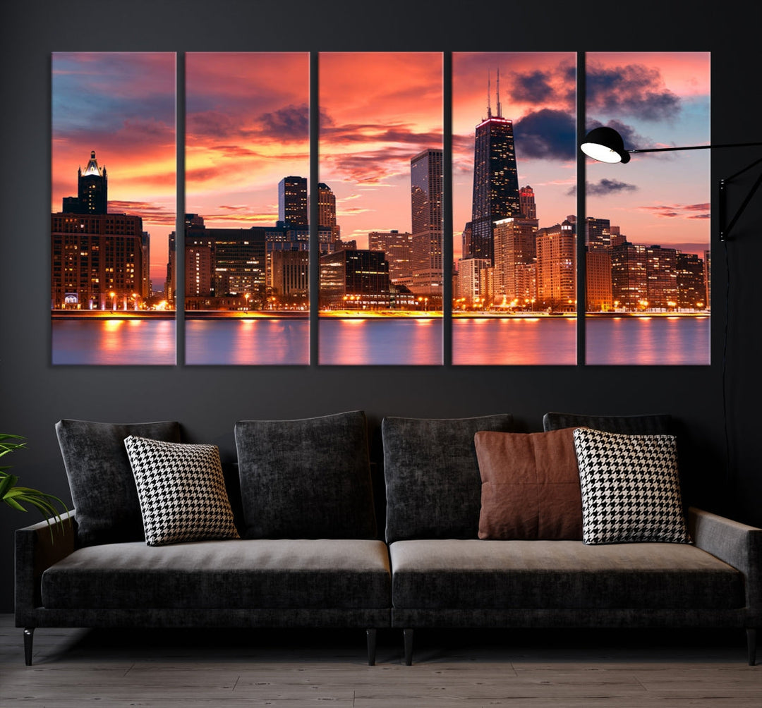 Chicago Sunset Skyline Wall Art Cityscape Canvas Picture Print