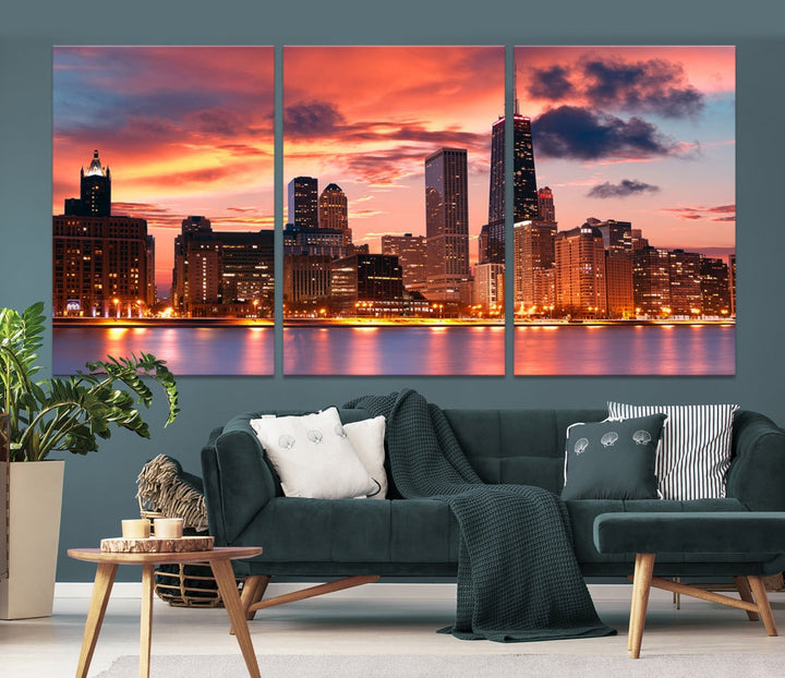 Chicago Sunset Skyline Wall Art Cityscape Canvas Picture Print