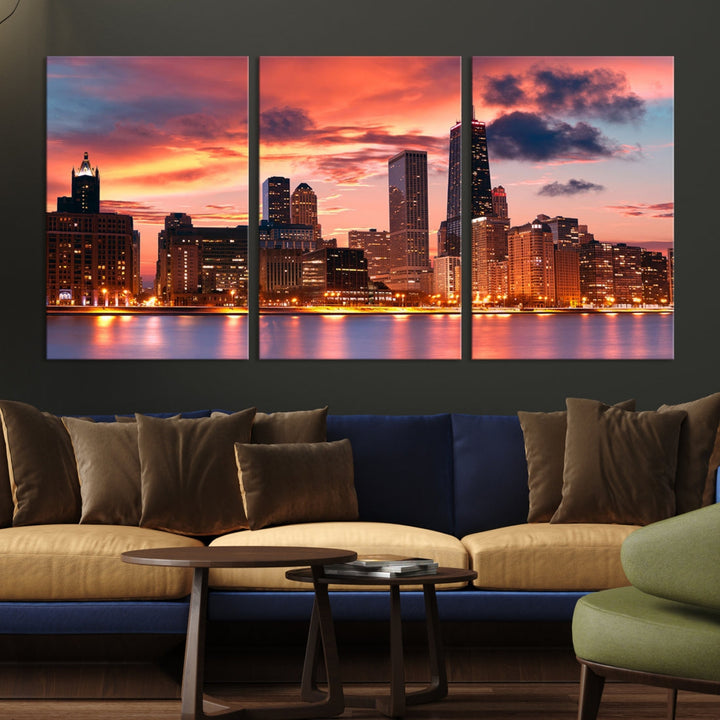 Chicago Sunset Skyline Wall Art Cityscape Canvas Picture Print