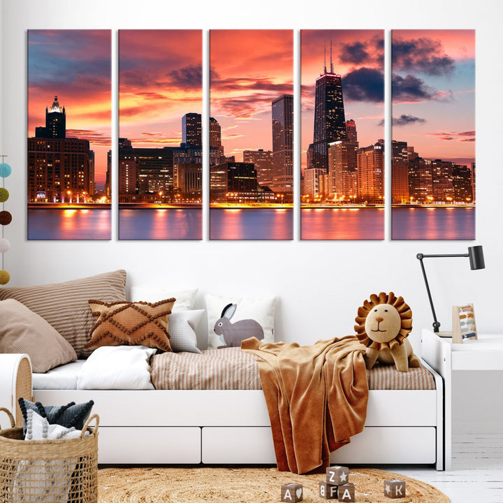 Chicago Sunset Skyline Wall Art Cityscape Canvas Picture Print