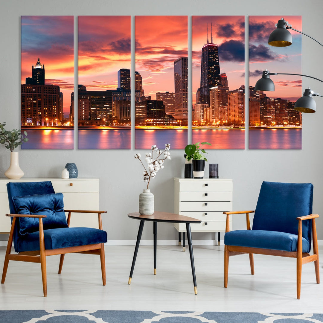 Chicago Sunset Skyline Wall Art Cityscape Canvas Picture Print