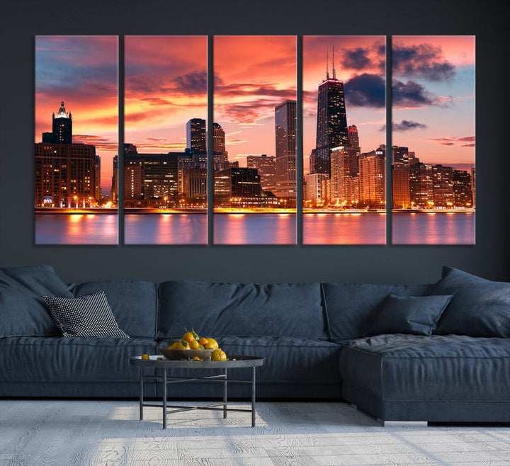 Chicago Sunset Skyline Wall Art Cityscape Canvas Picture Print