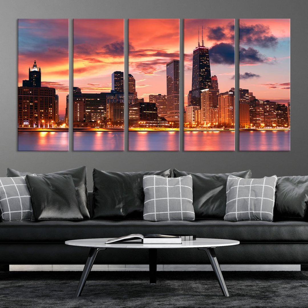 Chicago Sunset Skyline Wall Art Cityscape Canvas Picture Print