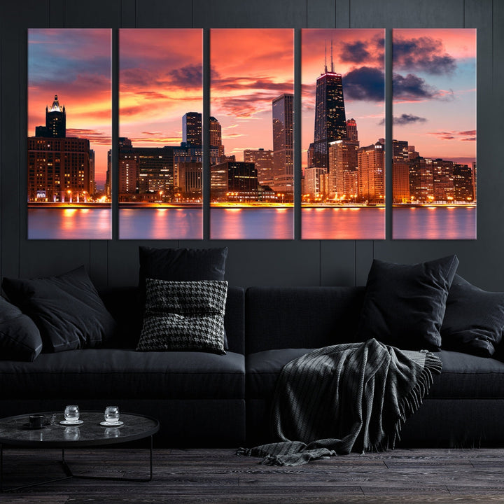 Chicago Sunset Skyline Wall Art Cityscape Canvas Picture Print