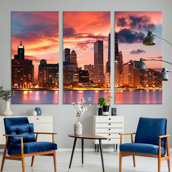 Chicago Sunset Skyline Wall Art Cityscape Canvas Picture Print