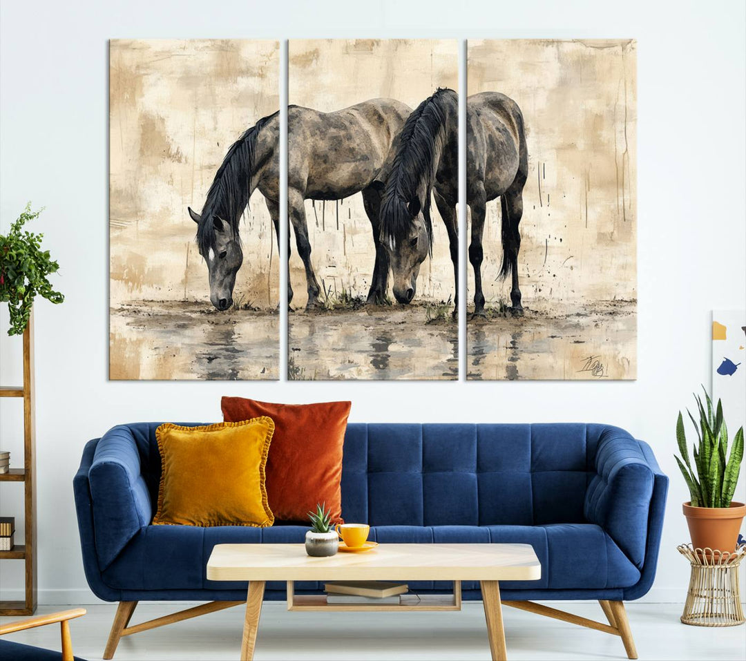 Chines Ink Style Black Horses Wall Art Canvas Print