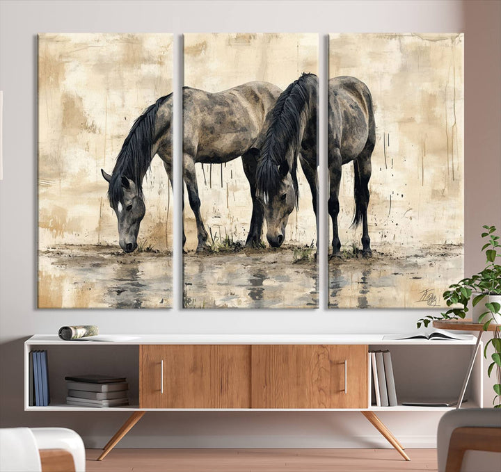 Chines Ink Style Black Horses Wall Art Canvas Print