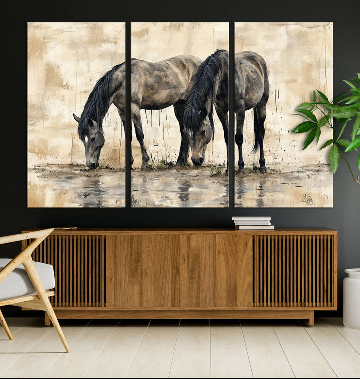 Chines Ink Style Black Horses Wall Art Canvas Print