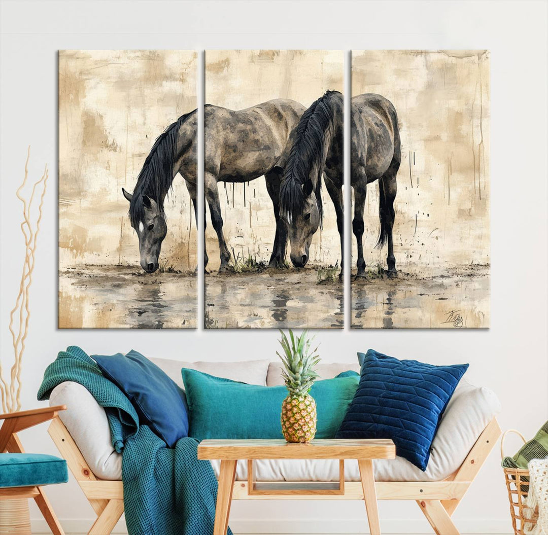 Chines Ink Style Black Horses Wall Art Canvas Print