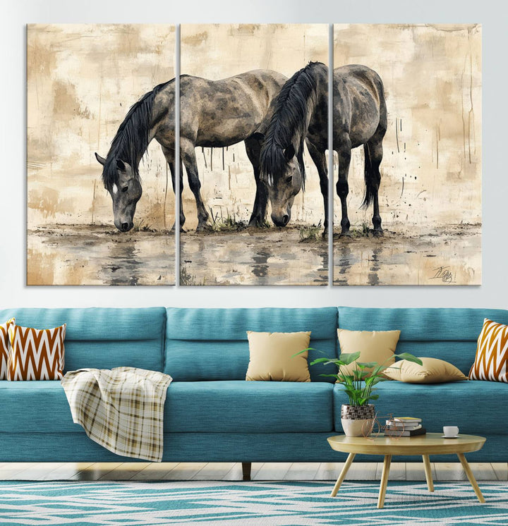 Chines Ink Style Black Horses Wall Art Canvas Print