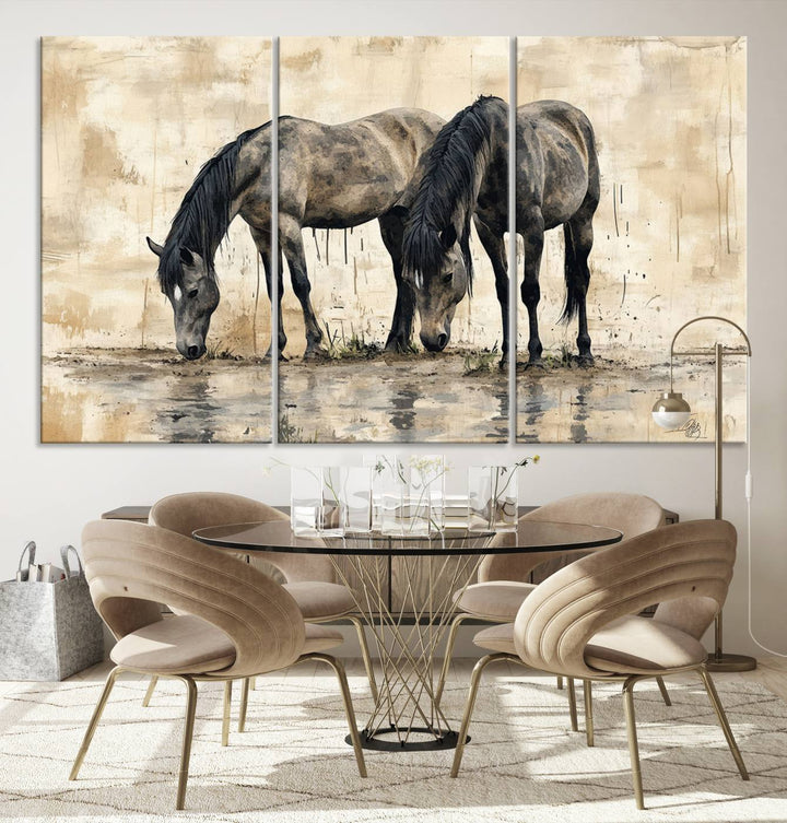 Chines Ink Style Black Horses Wall Art Canvas Print