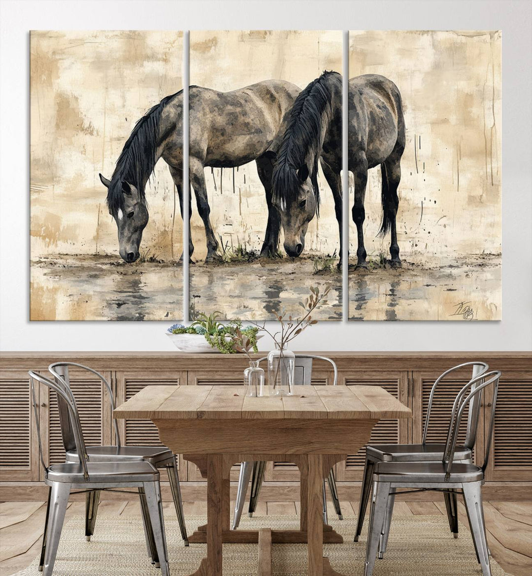 Chines Ink Style Black Horses Wall Art Canvas Print