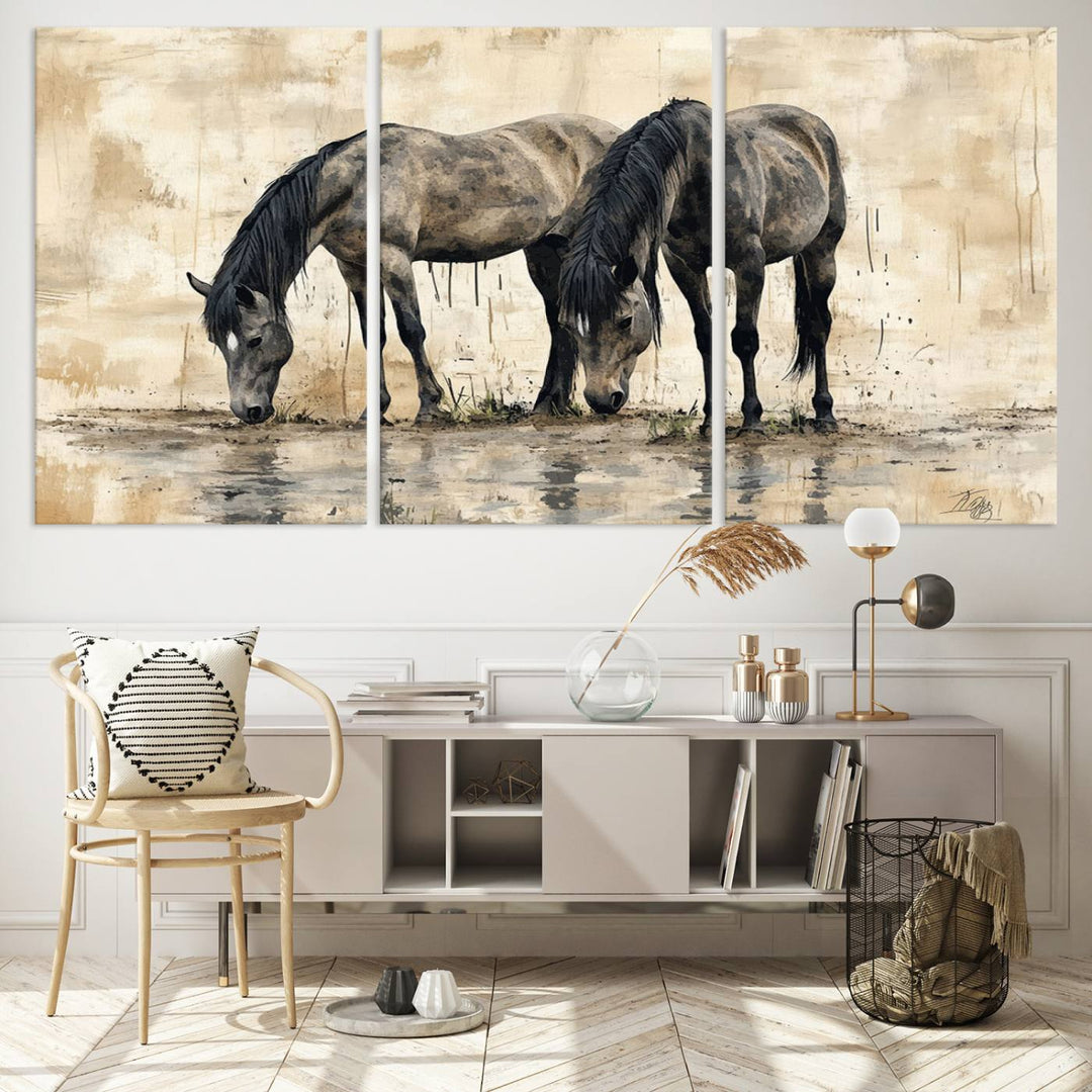 Chines Ink Style Black Horses Wall Art Canvas Print