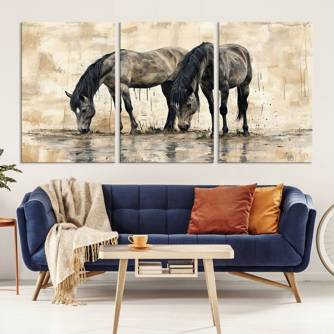 Chines Ink Style Black Horses Wall Art Canvas Print