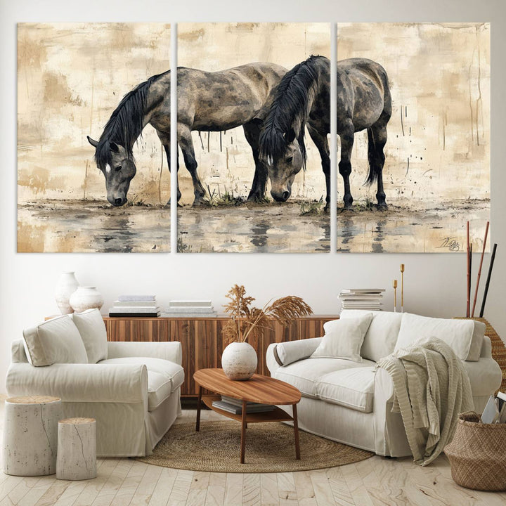 Chines Ink Style Black Horses Wall Art Canvas Print