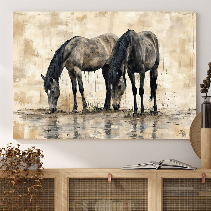 Chines Ink Style Black Horses Wall Art Canvas Print