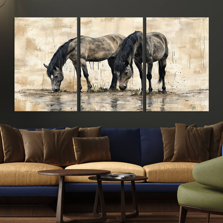 Chines Ink Style Black Horses Wall Art Canvas Print