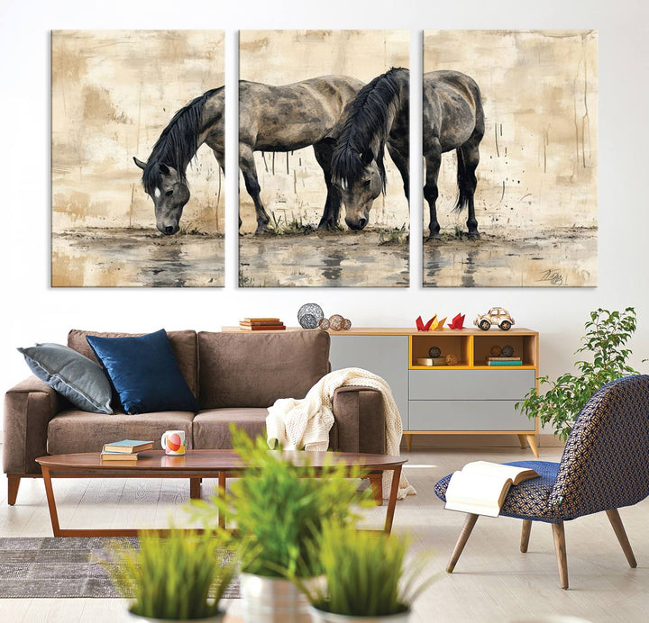 Chines Ink Style Black Horses Wall Art Canvas Print