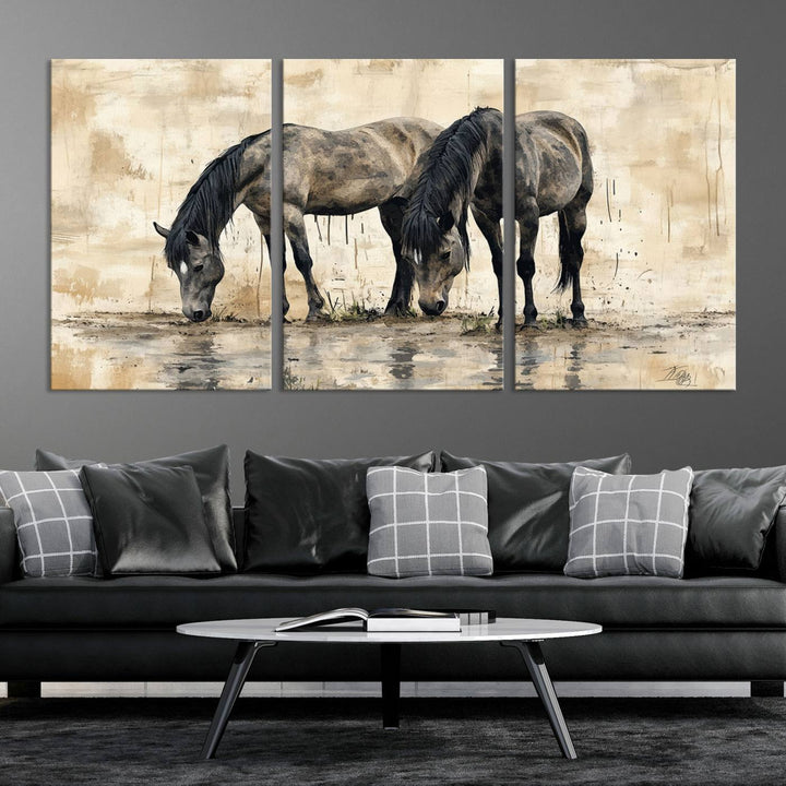 Chines Ink Style Black Horses Wall Art Canvas Print