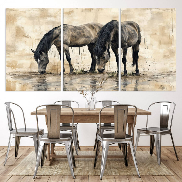 Chines Ink Style Black Horses Wall Art Canvas Print