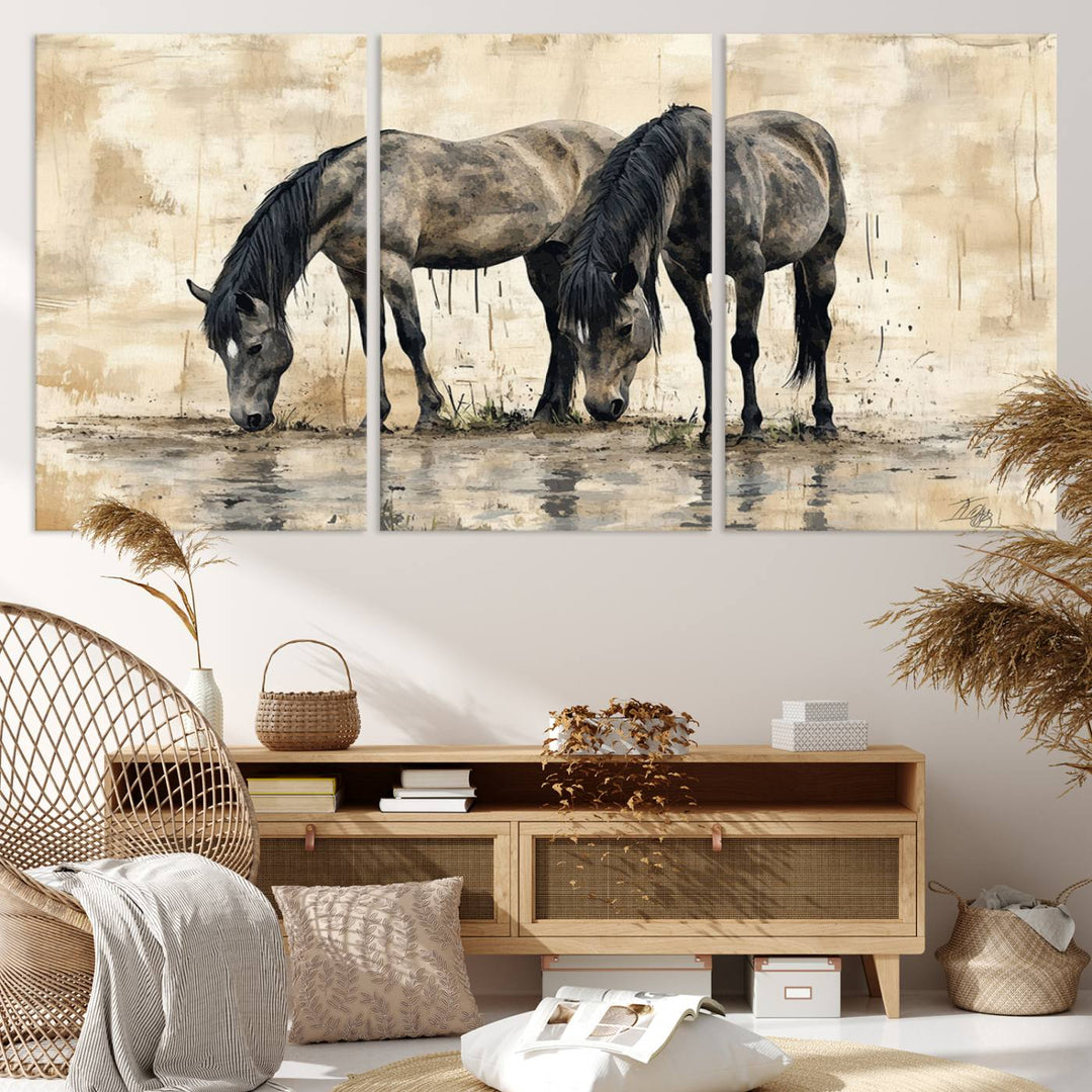 Chines Ink Style Black Horses Wall Art Canvas Print