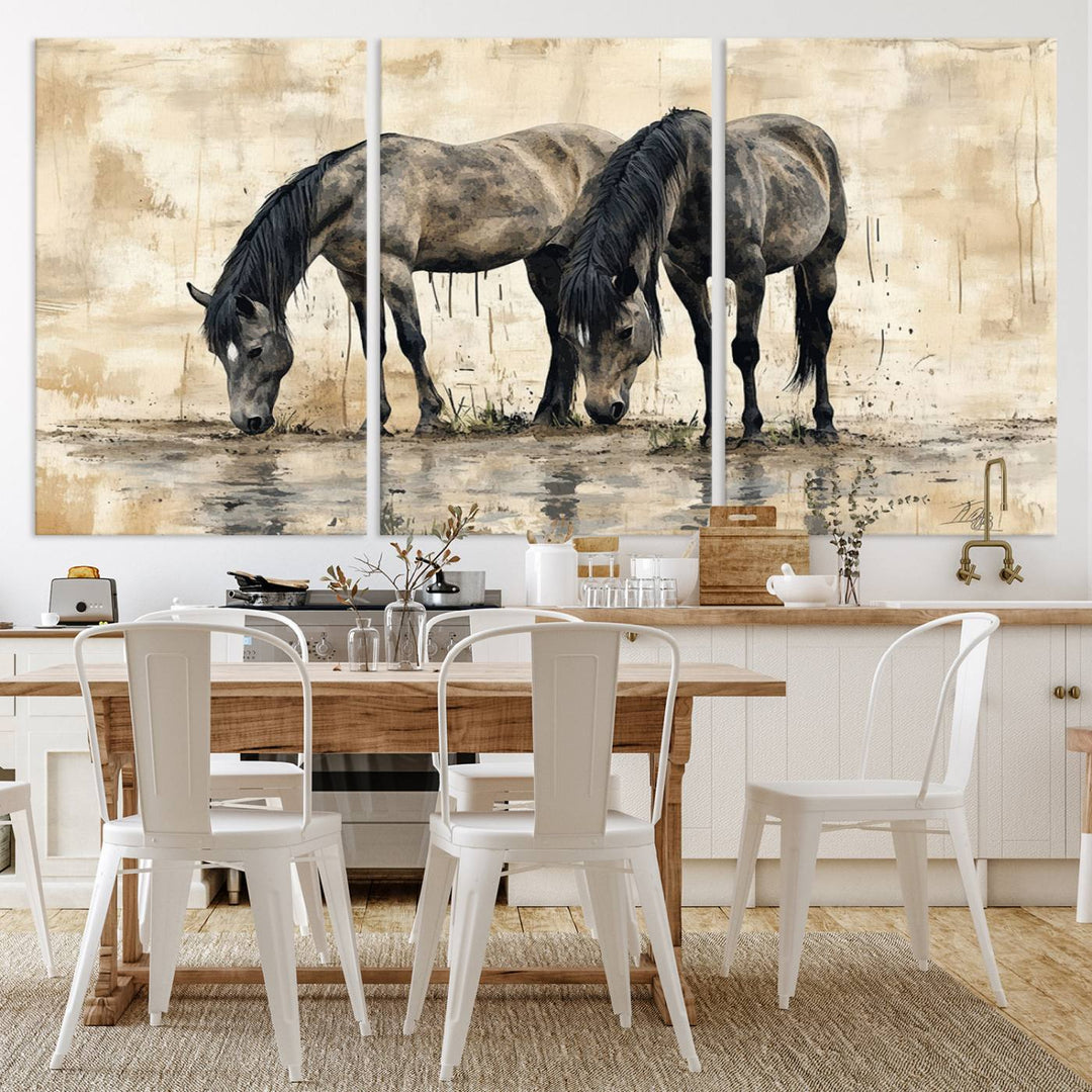 Chines Ink Style Black Horses Wall Art Canvas Print