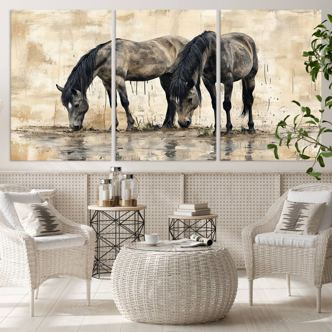 Chines Ink Style Black Horses Wall Art Canvas Print