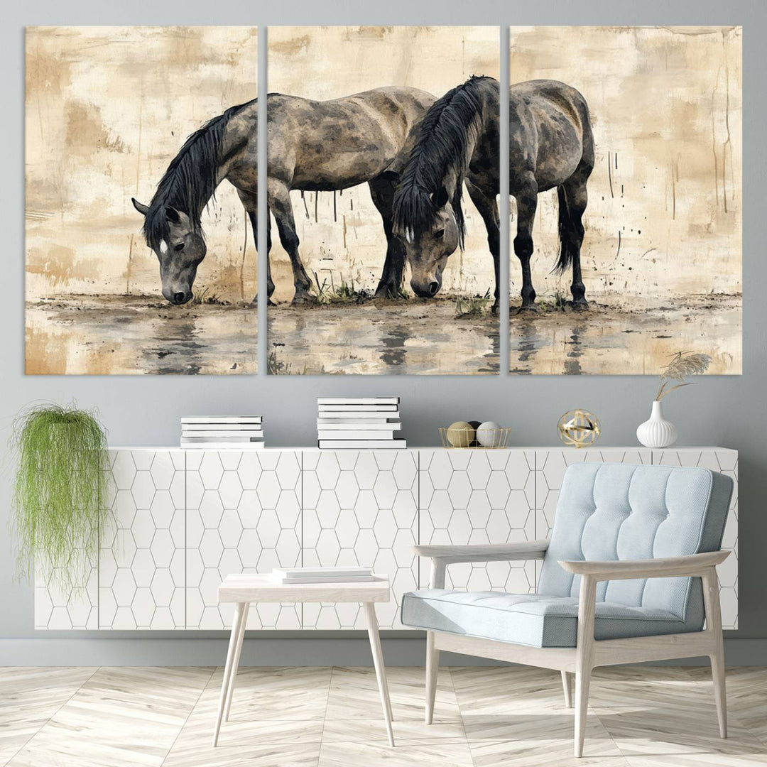 Chines Ink Style Black Horses Wall Art Canvas Print